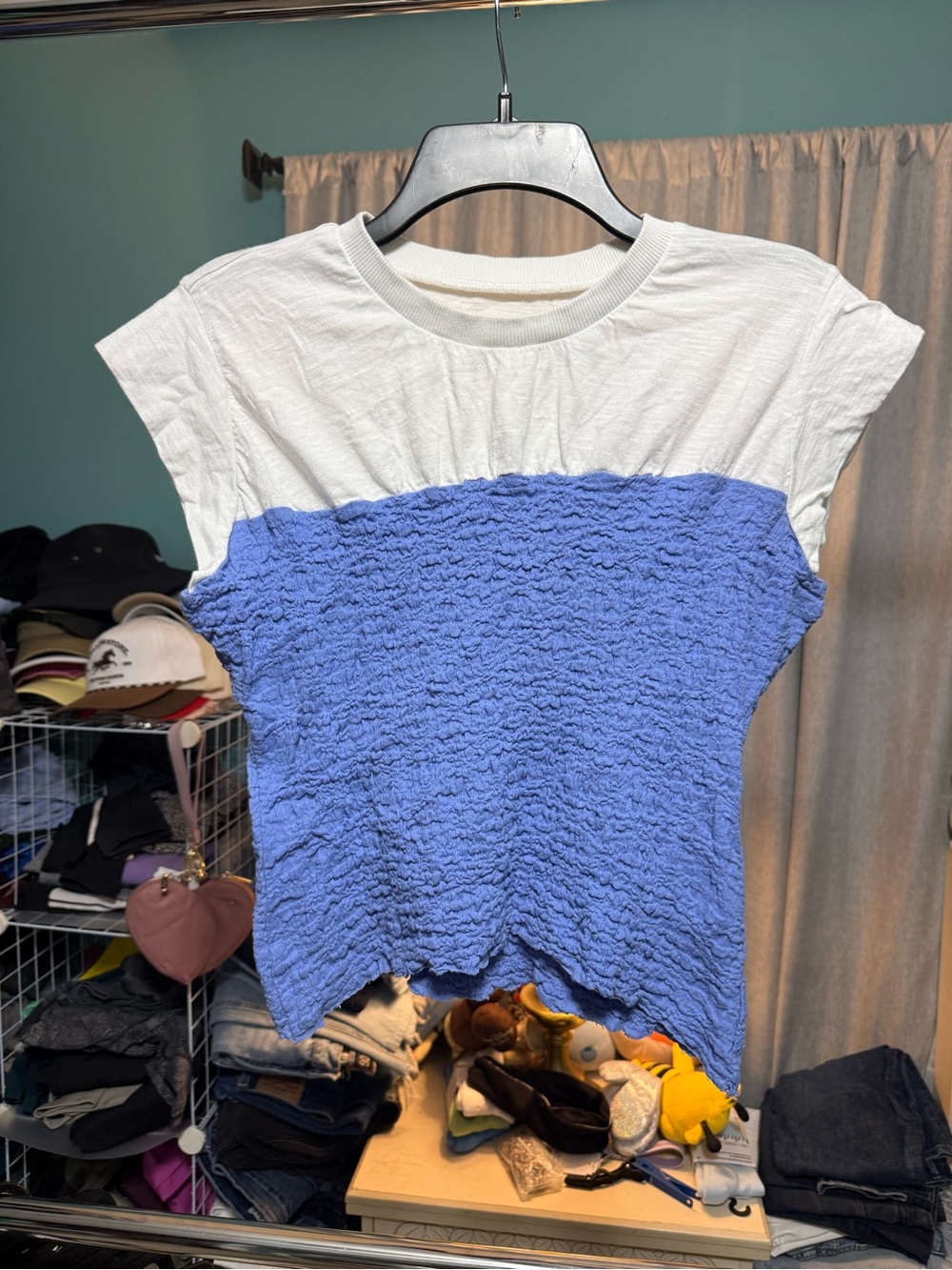 Maeve by Anthropologie Blue Textured Smocked Colorblock Top